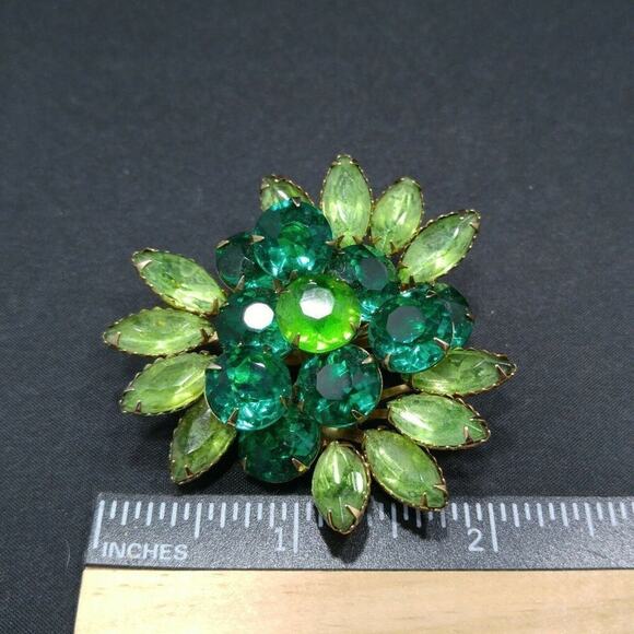 Vintage Green Rhinestone Brooch, 3D Flower, Riveted Prong Set, 1950s, 2 1/8" In - Picture 7 of 10